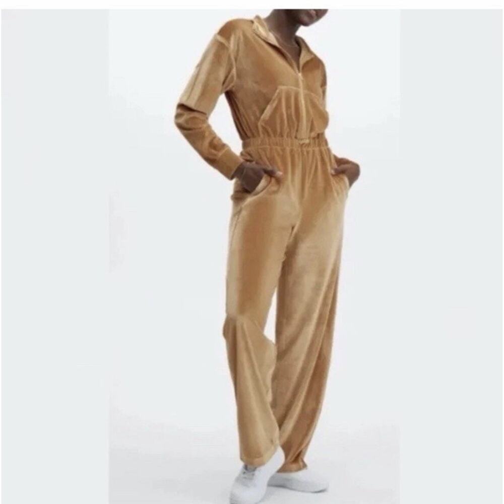 Fabletics Velour Zip-Up Wide Leg Jumpsuit Stretch Mustard Yellow Extra Small XS
